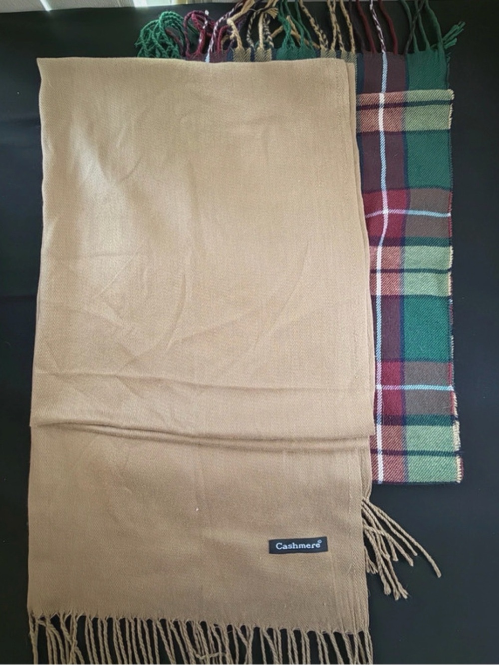 Reversible Cashmere-Blend Scarf in Tan and Green Plaid